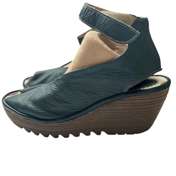 Fly London Shoes Yala Sandals Sz 38 US 8 Ankle Strap Wedges Dark Teal Peep Toe - Picture 3 of 13